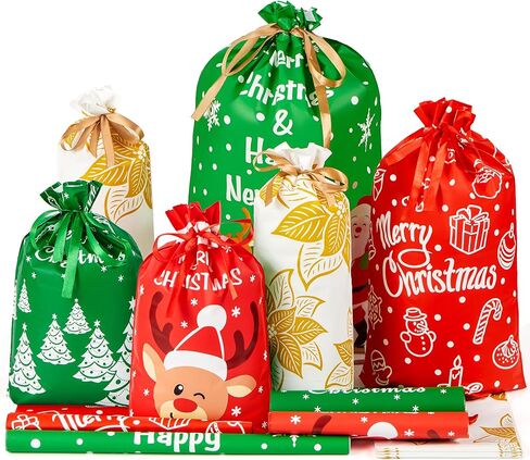 JOYIN 36 PCS Christmas Drawstrings Gift Bags Assorted Sizes, Xmas Foil Reusable Wrapping Gift Plastic Bag (Large Medium Small) for Christmas Holiday Party Decorations in Saudi Arabia