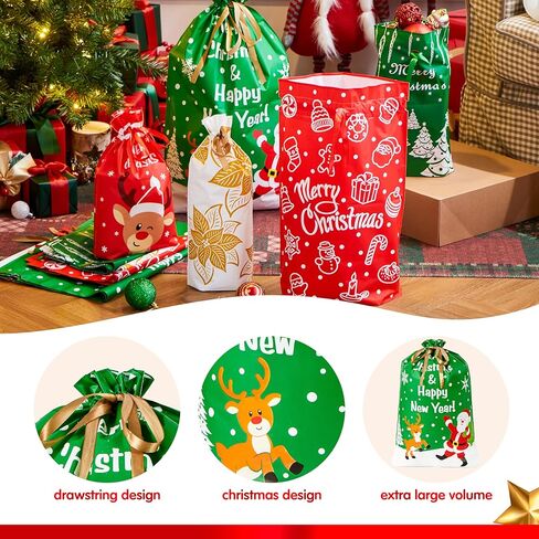JOYIN 36 PCS Christmas Drawstrings Gift Bags Assorted Sizes, Xmas Foil Reusable Wrapping Gift Plastic Bag (Large Medium Small) for Christmas Holiday Party Decorations in Saudi Arabia