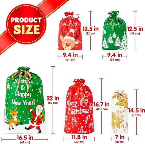 JOYIN 36 PCS Christmas Drawstrings Gift Bags Assorted Sizes, Xmas Foil Reusable Wrapping Gift Plastic Bag (Large Medium Small) for Christmas Holiday Party Decorations in Saudi Arabia