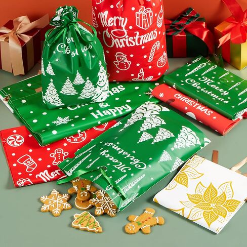 JOYIN 36 PCS Christmas Drawstrings Gift Bags Assorted Sizes, Xmas Foil Reusable Wrapping Gift Plastic Bag (Large Medium Small) for Christmas Holiday Party Decorations in Saudi Arabia