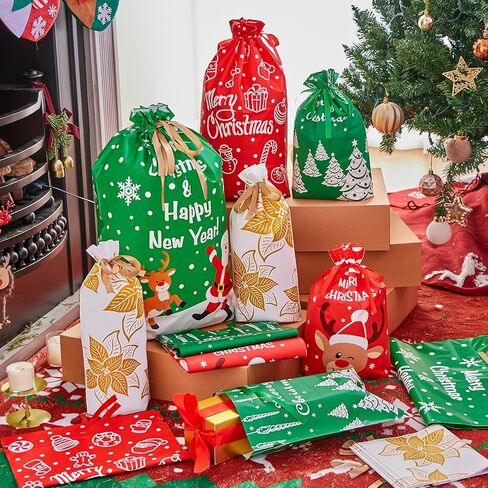 JOYIN 36 PCS Christmas Drawstrings Gift Bags Assorted Sizes, Xmas Foil Reusable Wrapping Gift Plastic Bag (Large Medium Small) for Christmas Holiday Party Decorations in Saudi Arabia