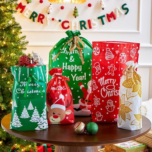 JOYIN 36 PCS Christmas Drawstrings Gift Bags Assorted Sizes, Xmas Foil Reusable Wrapping Gift Plastic Bag (Large Medium Small) for Christmas Holiday Party Decorations in Saudi Arabia