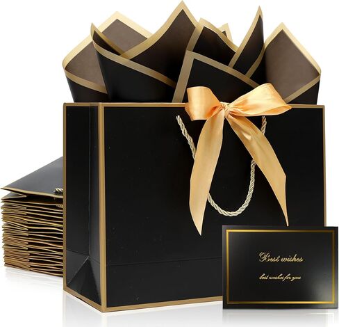 KeerxunBag 12 Pack Gift Bags Set with 24 Sheets Tissue Paper, 12 Thank You Cards & 12 Bow Ribbons - 12.6"x4.3"x9.8"Wedding Celebration Gifts Anniversary & Award Ceremony Gifts (Champagne color) in Saudi Arabia