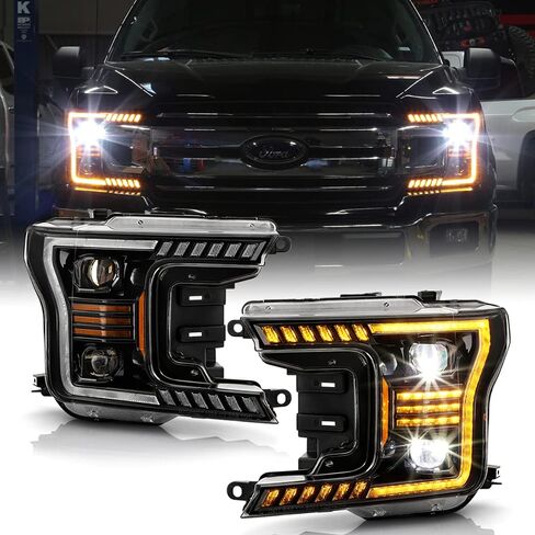 ACANII - For 2018-2020 Ford F150 أسود كهرماني أنبوبة ليد إشارة متتابعة جهاز عرض (بروجكتور) ليد المصابيح الأمامية المصابيح الأمامية يسار + يمين in Kuwait