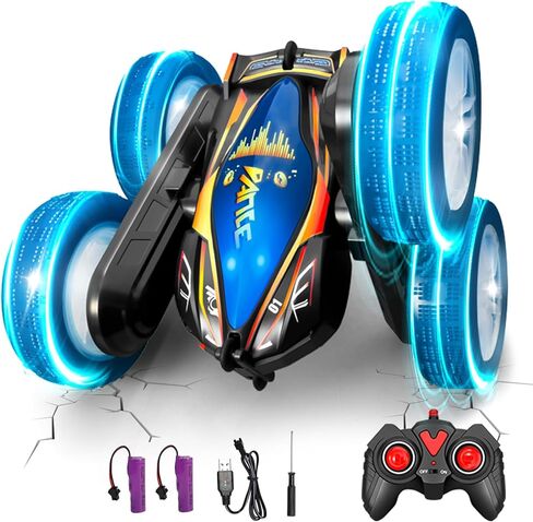 Remote Control Car for Kids Adults, 2026 RC Cars with LED Lights & Music, 4WD 360° Rotating Off-Road Vehicle, Dual Batteries, Double-Sided Stunt Toy Gift in Saudi Arabia