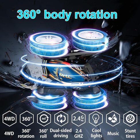 Remote Control Car for Kids Adults, 2026 RC Cars with LED Lights & Music, 4WD 360° Rotating Off-Road Vehicle, Dual Batteries, Double-Sided Stunt Toy Gift in Saudi Arabia