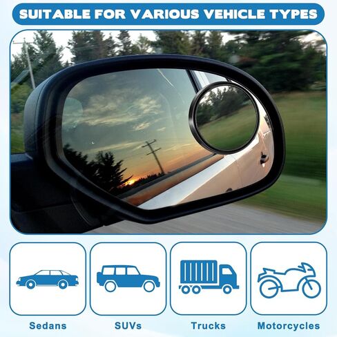 2 Pcs Round Blind Spot Rear View Mirrors, 2 Inch Convex Mirror Adjustable Blind Spot Mirrors for Car 360° Wide Angle Side View Mirror Self-Adhesive Convex Accessories with Frame for Car Suv Trucks in Kuwait
