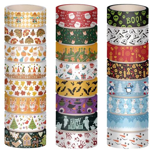 24 قطعة شريط لاصق للعطلات، متعدد الألوان، ورق واشي، 0.59 بوصة × 5 متر، سهل الإزالة، تصميم بطابع العطلة in Kuwait