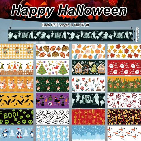 24 قطعة شريط لاصق للعطلات، متعدد الألوان، ورق واشي، 0.59 بوصة × 5 متر، سهل الإزالة، تصميم بطابع العطلة in Kuwait