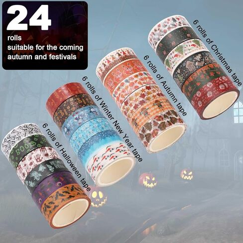 24 قطعة شريط لاصق للعطلات، متعدد الألوان، ورق واشي، 0.59 بوصة × 5 متر، سهل الإزالة، تصميم بطابع العطلة in Kuwait