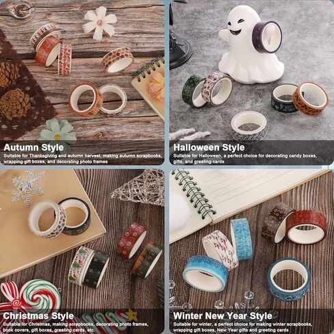 24 قطعة شريط لاصق للعطلات، متعدد الألوان، ورق واشي، 0.59 بوصة × 5 متر، سهل الإزالة، تصميم بطابع العطلة in Kuwait