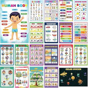 VI_CHAIN Set of 20 Educational Posters for Toddlers 1-3, Laminated Toddler learning posters Waterproof with Alphabet, Numbers, Colors, Shapes, among others, Preschool Whiteboard - marker writable. in Saudi Arabia