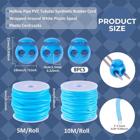 Spritewelry Blue 2mm 3mm Hollow Rubber Cords for Knitting 16.4 Yards Hollow Rubber Tubing Knitting Barber Cord with Cord Locks for Knitting DIY Craft Projects Beading Necklaces Bracelet in Saudi Arabia