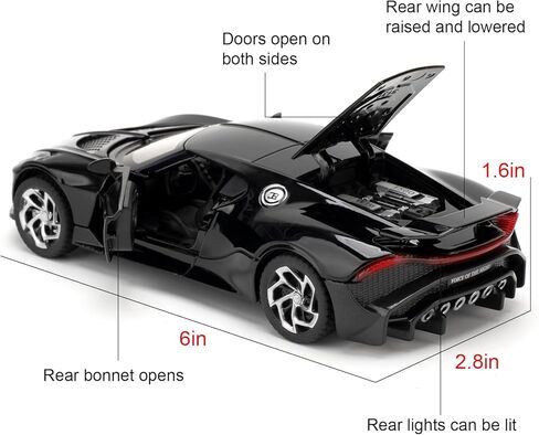 نموذج سيارة بمقياس 1/32 متوافق مع لعبة سيارة Bugatti Black Night Diecast القابلة للتجميع، لعبة سيارات سحب للخلف من سبائك الزنك مع صوت وضوء للبالغين من الأولاد والبنات 3 4 5 6 7 8 (أسود) in Kuwait