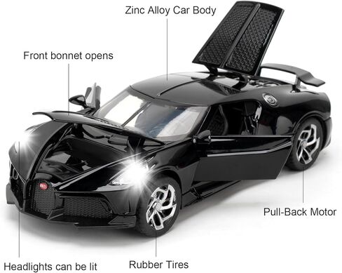 نموذج سيارة بمقياس 1/32 متوافق مع لعبة سيارة Bugatti Black Night Diecast القابلة للتجميع، لعبة سيارات سحب للخلف من سبائك الزنك مع صوت وضوء للبالغين من الأولاد والبنات 3 4 5 6 7 8 (أسود) in Kuwait