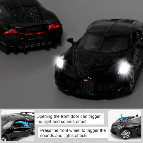 نموذج سيارة بمقياس 1/32 متوافق مع لعبة سيارة Bugatti Black Night Diecast القابلة للتجميع، لعبة سيارات سحب للخلف من سبائك الزنك مع صوت وضوء للبالغين من الأولاد والبنات 3 4 5 6 7 8 (أسود) in Kuwait