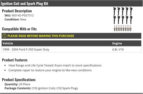 Ignition Coil and Spark Plug Kit - 20 Piece - Compatible with 1999-2004 Ford F-250 Super Duty 6.8L V10 in Saudi Arabia