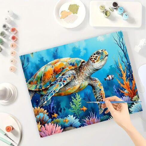 Ocean Turtle Paint by Numbers Kit for Adults - DIY Sea Turtle and Coral Reef Painting on Canvas, Acrylic Paint Set, Suitable for Beginners, Art for Home Decoration or Gifts(12X16IN Framed) in Saudi Arabia