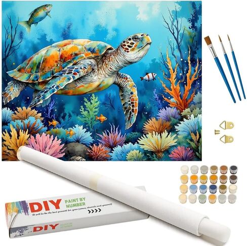 Ocean Turtle Paint by Numbers Kit for Adults - DIY Sea Turtle and Coral Reef Painting on Canvas, Acrylic Paint Set, Suitable for Beginners, Art for Home Decoration or Gifts(12X16IN Framed) in Saudi Arabia