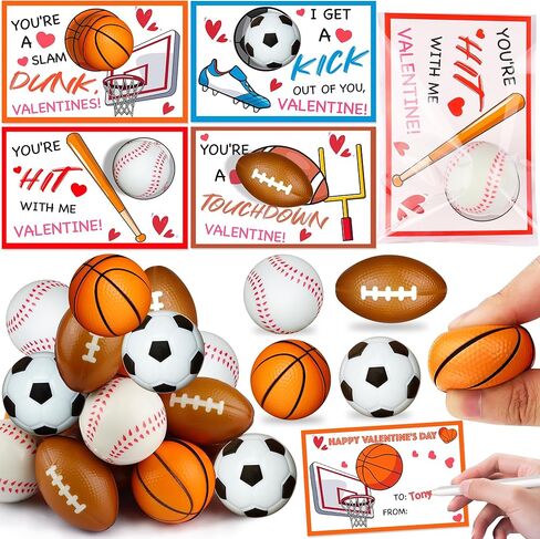 28 Pack Kid Valenitnes Day Cards with Sports Ball Valentines Day Gifts for Kids Classroom School, Valentines for Kids Class Party Favor Squeeze Foam Balls Stress Relief Toy Valentines Exchange Gifts in Saudi Arabia
