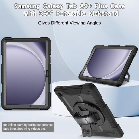 LTROP Case for Samsung Galaxy Tab A9+ Plus Case 11" 2023 (SM-X210/X216/X218), Heavy Duty Shockproof Protective Case with Rotating Stand, Hand/Shoulder Strap, Black in Saudi Arabia