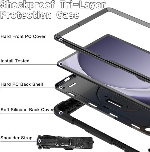 LTROP Case for Samsung Galaxy Tab A9+ Plus Case 11" 2023 (SM-X210/X216/X218), Heavy Duty Shockproof Protective Case with Rotating Stand, Hand/Shoulder Strap, Black in Saudi Arabia