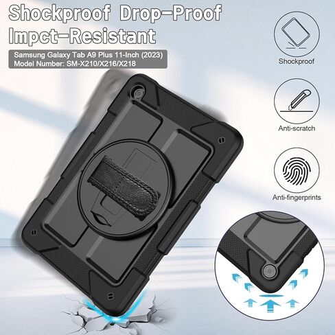 LTROP Case for Samsung Galaxy Tab A9+ Plus Case 11" 2023 (SM-X210/X216/X218), Heavy Duty Shockproof Protective Case with Rotating Stand, Hand/Shoulder Strap, Black in Saudi Arabia