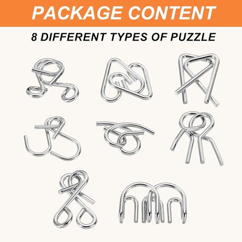 Metal Puzzle Ring Classical Metal Wire Puzzle Set Educational Mind Smart Game, Unlock Interlock Toy Perfect for Little & Adults (Orange, 8pcs) in Saudi Arabia
