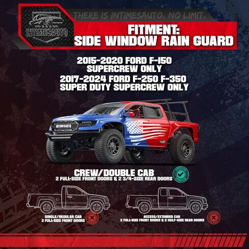 واقيات المطر للنافذة الجانبية داخل القناة لسيارة 2017-2024 Ford F-250 F-350 Super Duty، 2015-2020 Ford F-150، أقنعة تهوية عاكسات النوافذ باللون الأسود اللامع، مجموعة من 4 قطع (تناسب فقط كابينة طاقم SuperCrew). in Kuwait