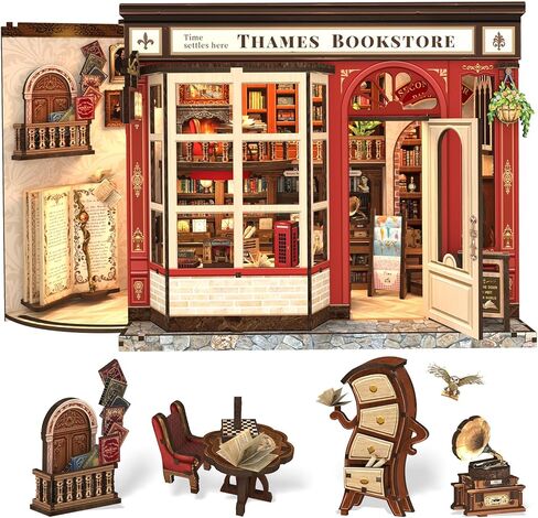 Book Nook Library Kit, DIY Miniature Dollhouse Booknook Kits for Adults Teens, Magic Bookshop 3D Wooden Puzzle Crafts Bookshelf Decor with LED Light, Gift for Family and Friends (Thames Bookstore) in Saudi Arabia