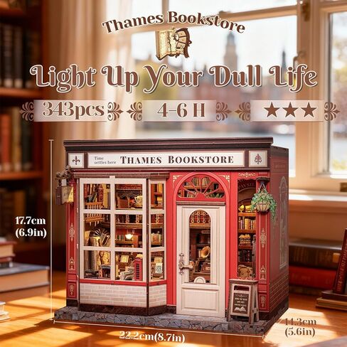 Book Nook Library Kit, DIY Miniature Dollhouse Booknook Kits for Adults Teens, Magic Bookshop 3D Wooden Puzzle Crafts Bookshelf Decor with LED Light, Gift for Family and Friends (Thames Bookstore) in Saudi Arabia
