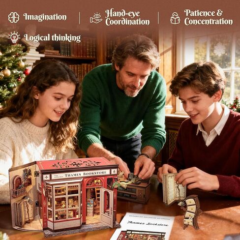 Book Nook Library Kit, DIY Miniature Dollhouse Booknook Kits for Adults Teens, Magic Bookshop 3D Wooden Puzzle Crafts Bookshelf Decor with LED Light, Gift for Family and Friends (Thames Bookstore) in Saudi Arabia