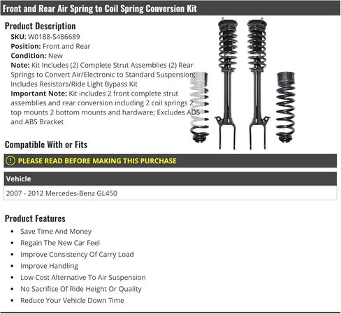 Front and Rear Air Spring to Coil Spring Conversion Kit - 4 Piece - Compatible with 2007-2012 Mercedes-Benz GL450 (Excludes ADS and ABS Bracket) in Saudi Arabia