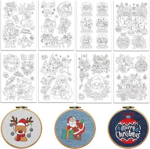 Peacoblue Water Soluble Embroidery Patterns for Beginners, Santa Claus and Crystal Ball 8 Sheets with 47pcs Wash Away Stick and Stitch Embroidery Pattern Stabilizer for Hand Sewing Women Adults in Saudi Arabia