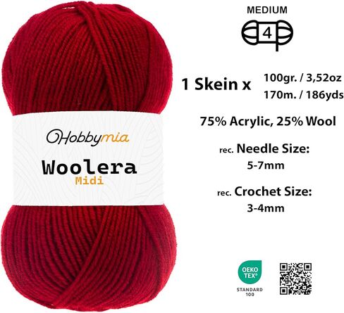 Woolera Midi Wool Yarn - 100g / 186yds - (4) Worsted Weight - 75% Acrylic, 25% Wool (Navy Blue, 1 Skein) in Kuwait