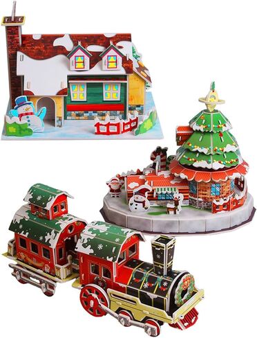 Christmas 3D Puzzle Set - 2 Xmas Villages & 1 Train Model, No-Glue, Pre-Cut Board, DIY Foam Board Craft Kit for Family Activities, Home Decor and Gift in Saudi Arabia