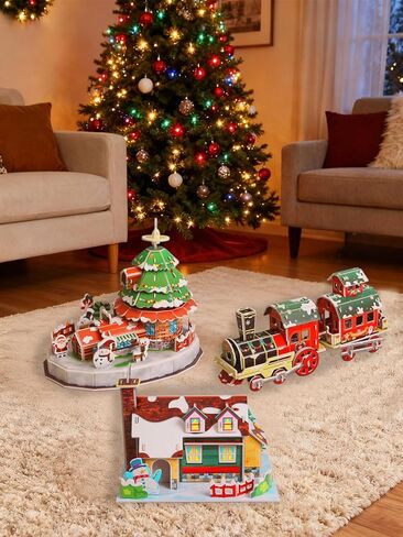 Christmas 3D Puzzle Set - 2 Xmas Villages & 1 Train Model, No-Glue, Pre-Cut Board, DIY Foam Board Craft Kit for Family Activities, Home Decor and Gift in Saudi Arabia