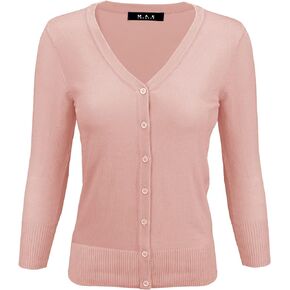 YEMAK Women's Knit Cardigan Sweater – 3/4 Sleeve V-Neck Basic Classic Casual Button Down Soft Lightweight Top (S-3XL)