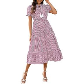 MISSKY Button Down Midi Dress for Women V Neck Tiered Stripped Dress Puff Short Sleeve A Line Ruffle Summer Dress