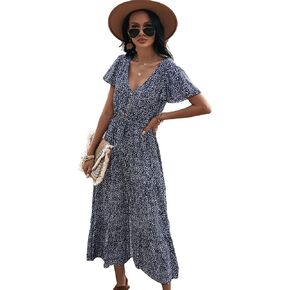 Floerns Women's Allover Print Split Ruffle Hem V Neck High Waist Butterfly Sleeve Midi Dress