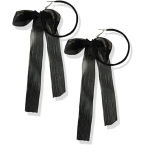 Fashion Lightweight Handmade Black Beaded Hoop Earrings Unique Long Ribbon Bow Tassel Dangle Drop Earrings Jewelry for Women Girls