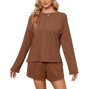 Women's Waffle Lounge Sets Long Sleeve Ribbed Knit Top and Shorts 2 Piece Pajama Sweatsuit Set Pockets Outfits