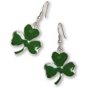 St. Patrick's Day Irish Shamrock Dangle Earrings Green Enamel on Silver Finish Pewter