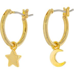 Columbus Rhodium Dipped Huggie Hoop Earrings - Moon, Star, CZ, and Lightning Bolt Charms
