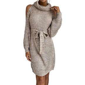 Women Winter Dresses, Turtle Neck Ribbed Knit Sweater Dress, Wedding Guest Cocktail Party Casual Short Dress, Khaki