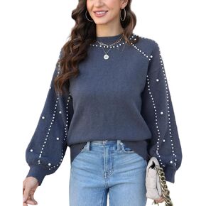 Kedera Women's Fuzzy Knit Sweater with Pearls Long Lantern Sleeve 2023 Fall Crew Neck Pullover Tops