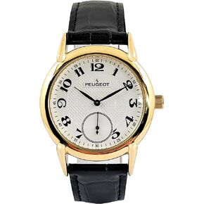 Peugeot Men’s Vintage 14K Gold Plated Watch with Remote Sweep and Black Leather Strap