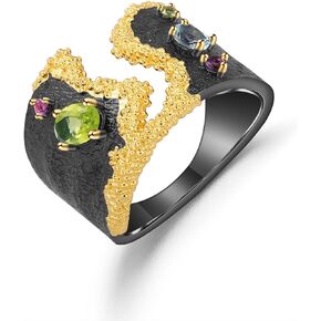 Kemstone Designer Gemstone Ring S925 Sterling Silver with Natural Peridot/Amethyst/Topaz