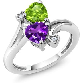 Gem Stone King 10K White Gold Purple Amethyst and Green Peridot Ring For Women (1.51 Cttw, Heart Shape 6MM, Gemstone Birthstone, Available In Size 5, 6, 7, 8, 9)