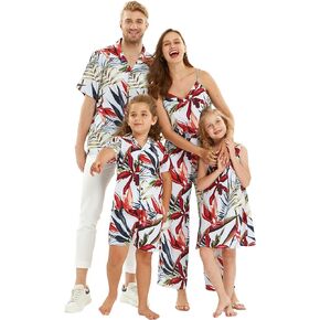 Matchable Family Hawaiian Luau Men Women Girl Boy Clothes in Garden at Dawn